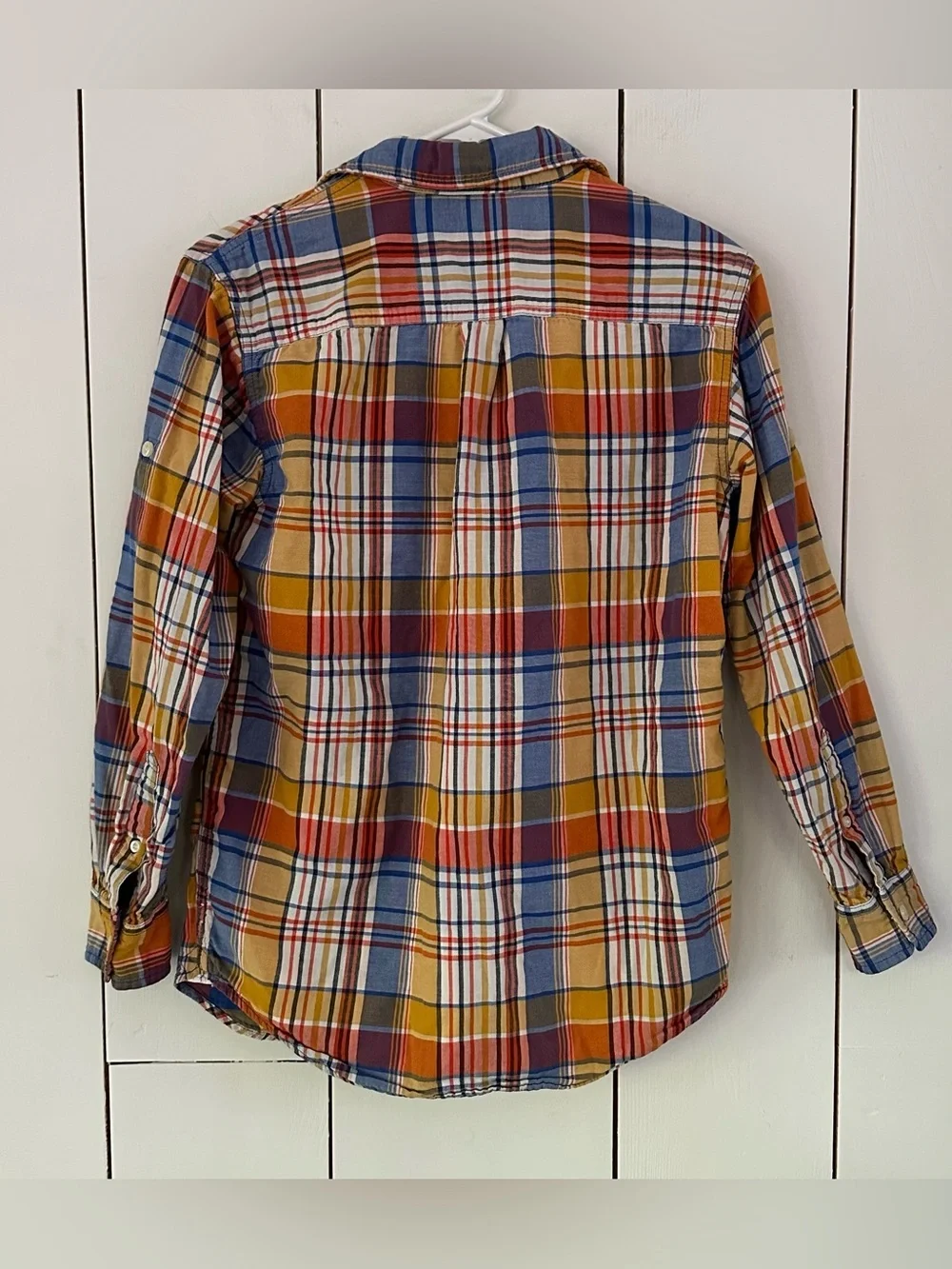 Gap Madras Plaid Button-Up Shirt Kids XXL 14-16 Orange Blue Double Layer Cotton